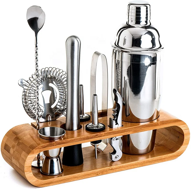 

Amazon Hot Sale 9 Pieces Stainless Steel Cocktail Mixer Set Mixology Bartender Kit with Bamboo Stand, Metal silver color