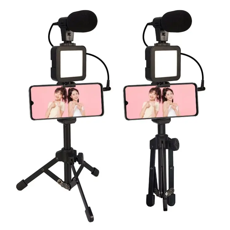 

vlogging equipment studio podcast smartphone video kit with recording microphone led light for youtube vlogger, Black