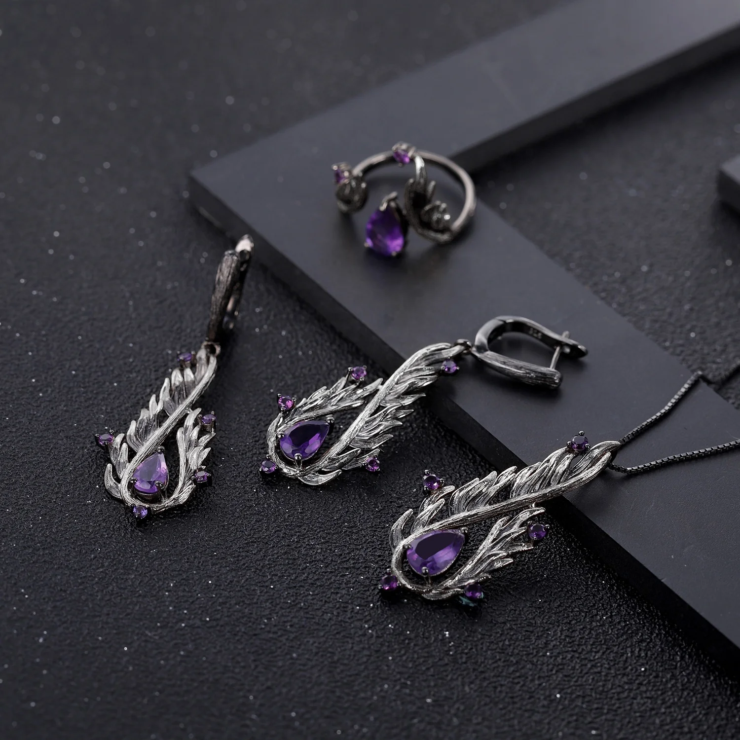 

Abiding Natural Amethyst Gemstone Ring Earring Necklace New Design 925 Sterling Silver Fine Jewelry Set Women