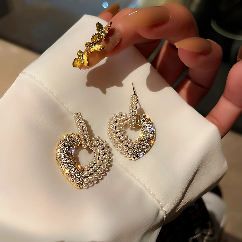 

spring new simple rhinestone pearl heart shaped earring backing