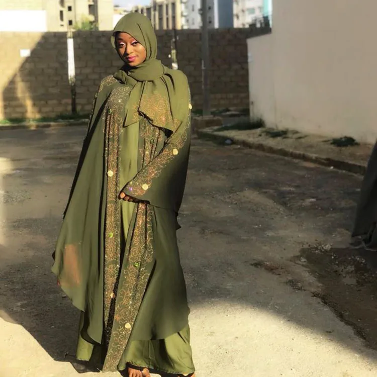 

Muslim Abaya chiffon satin hot diamond loose long-sleeved cool comfortable high-grade robe with big headscarf