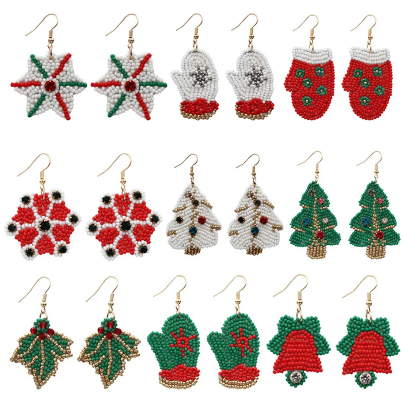 

Trendy Handmade Rice Beads Christmas Tree Tassel Earrings Xmas Seed Bead Hats Snow Flakes Earring