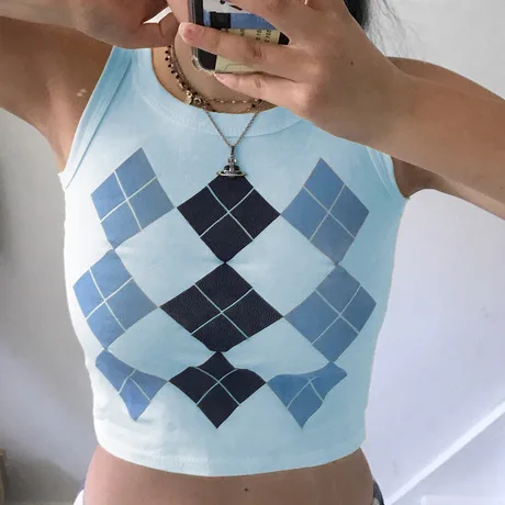 

Europe And The United States Autumn 2020 New British Women's Diamond Lattice College Style Sexy Navel Bottom Strap Vest