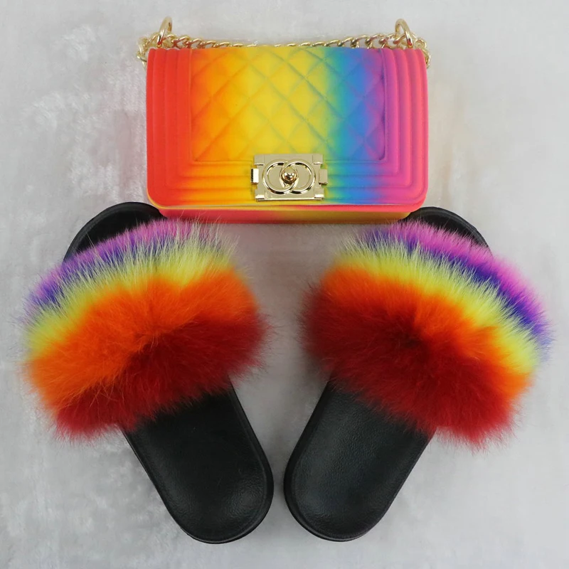 

2021 Classic Chic Rainbow Color Fluffy Flat Fox Fur Slippers Sets Women Jelly Bags Shoe And Purse Match Handbags Set Ladies