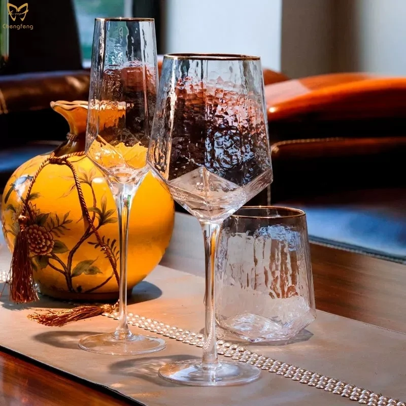 Hot Sale Japanese Design Hammered Wine Glass Stemless With Gold Rimmed Drinking Glass Set Buy