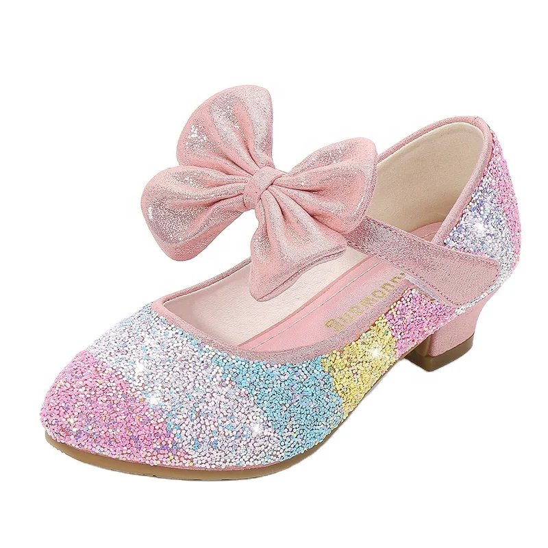 

Wholesale new children's big size bow crystal sequin heels shoe girl princess spring summer girls shoes, 4 colors