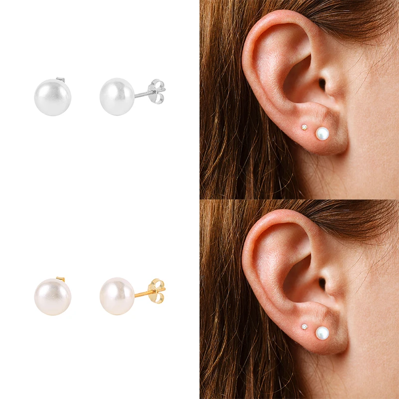 925 sterling silver earrings Single Round Pearl gold plated stud earrings for women 925 earrings