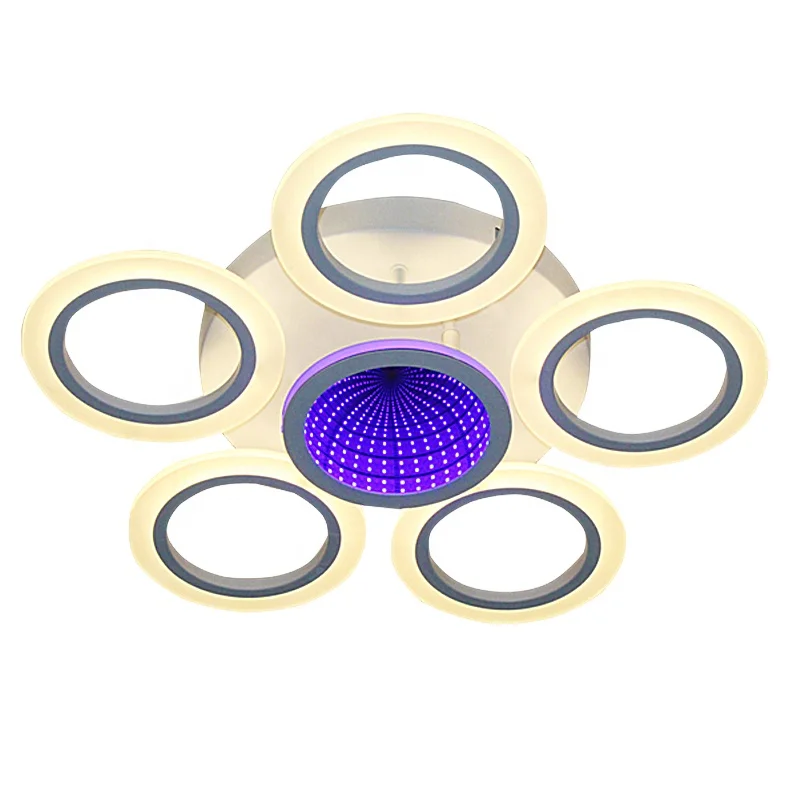 Modern 2.4G dimming LED ceiling lamp with remote control circular design, with 3D mirror decoration blue/purple effect