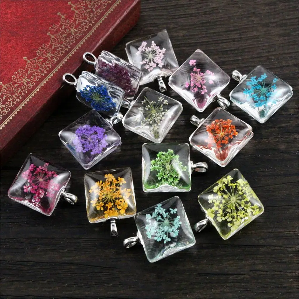 

5pcs/lot 27x20mm Crystal Dried Flower Square Glass Pendants for Necklace DIY Jewelry Making Findings Charms