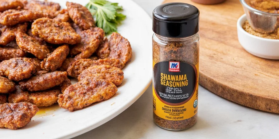 McCormick Shawarma Seasoning bottle next to a rotating shawarma spit