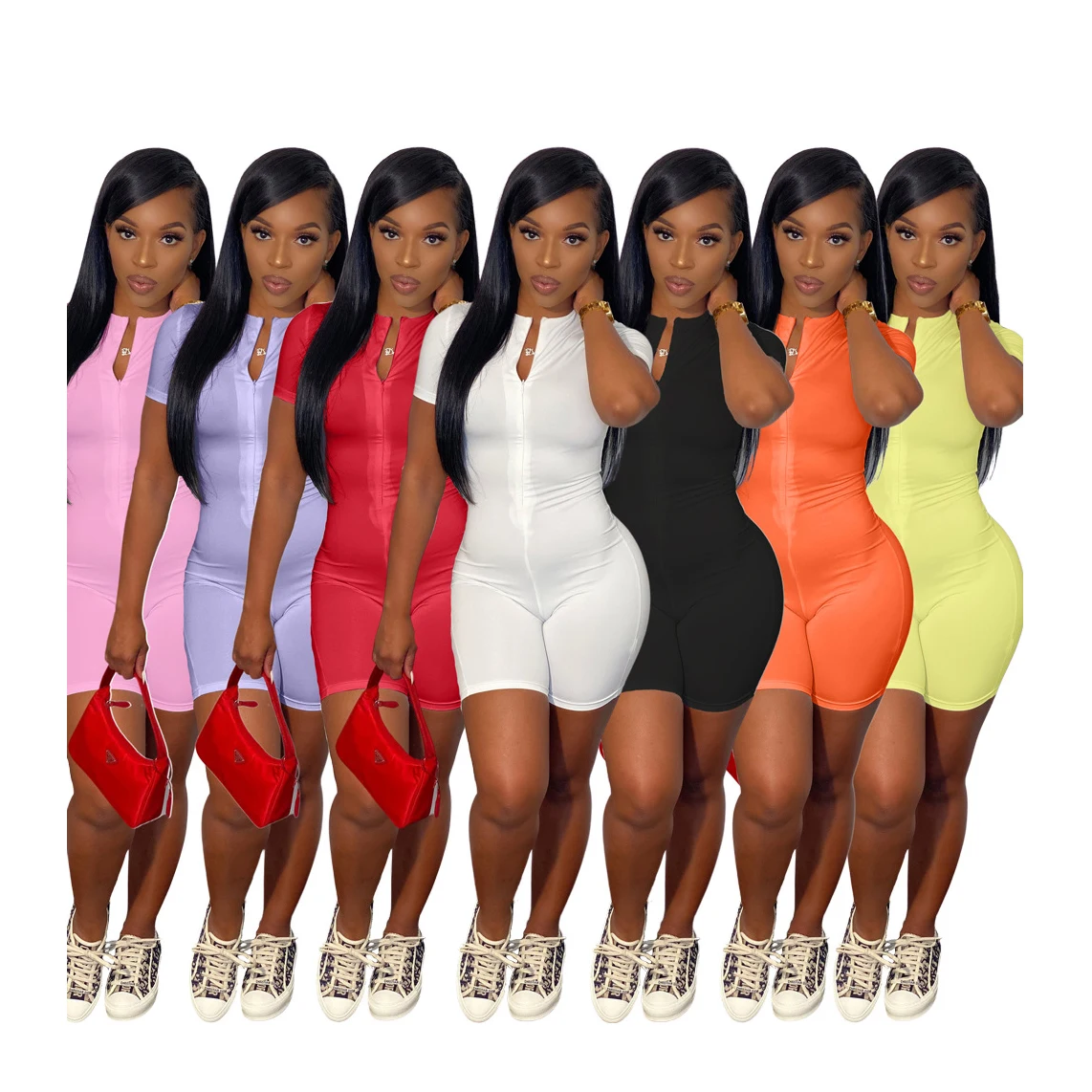 

M6324 Wholesale colorful short sleeve open chest bodycon rompers summer clothing fitness sport short jumpsuit women 2021