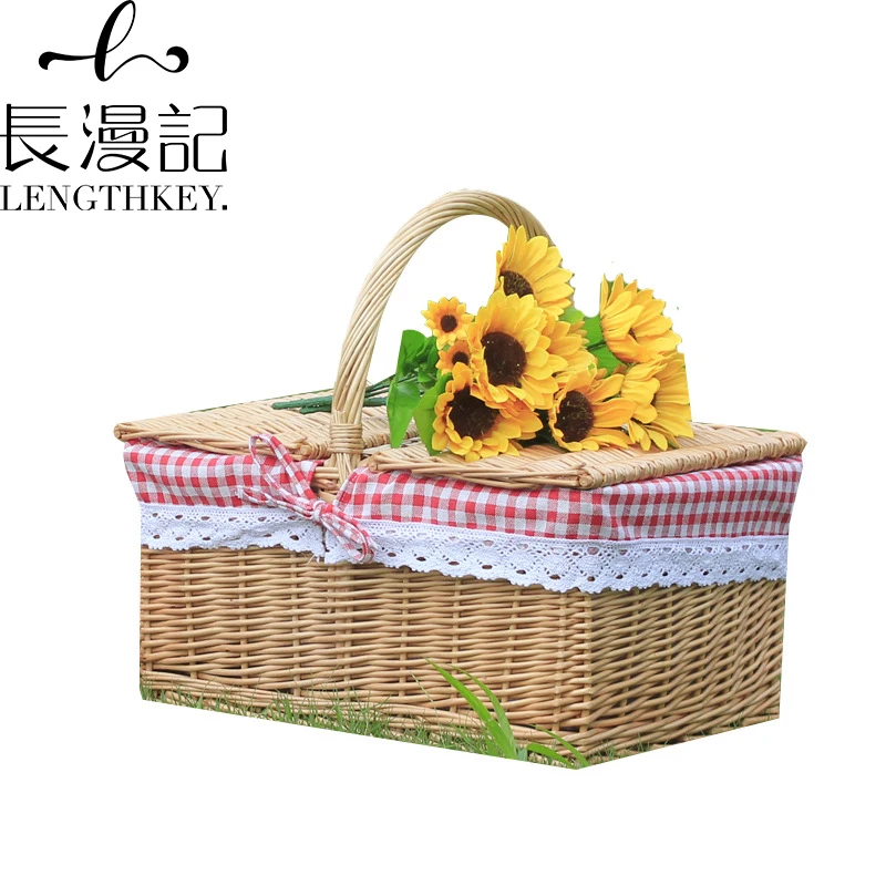 

2022 outdoor picnic rattan woven portable basket with cover pastoral ins willow woven shopping basket