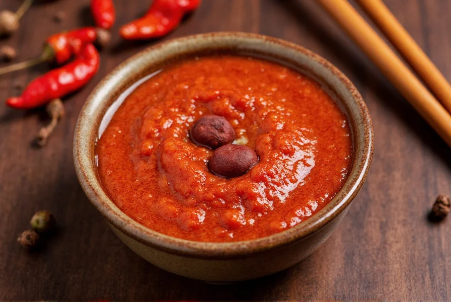 Close-up of authentic mala chili paste in traditional Chinese ceramic bowl with Sichuan peppercorns and dried chilies visible