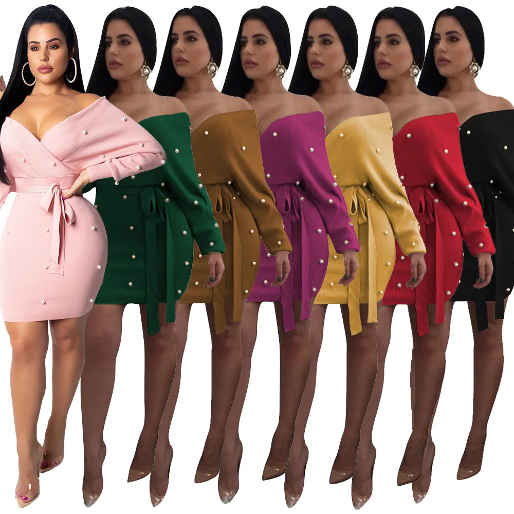 

New Winter V Neck Backless With Beaded Long Sleeve A line Dress Women Sexy Dresses
