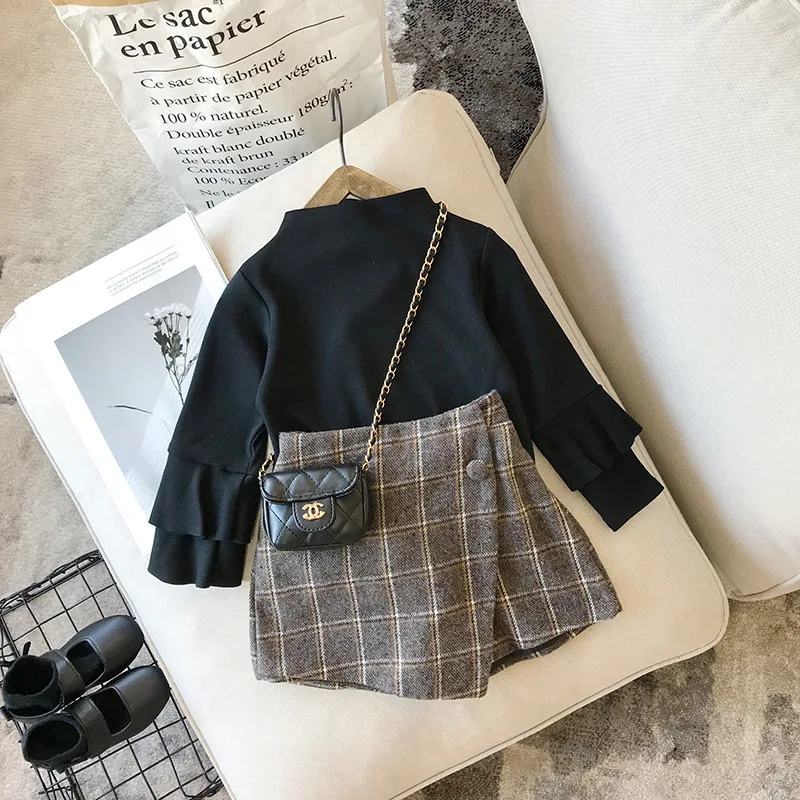 

New Autumn Winter Baby Toddler Girls' Clothing Sets Knitted sweater+Plaid Skirt 2 Pcs Children Kids Clothes Set