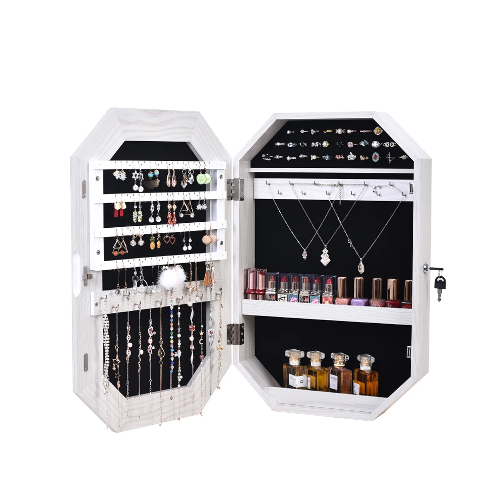 

Free Shipping Simple Solid Wood Pattern Covered Wall Mounted Display Cabinet Full Mirror Octagonal Mirror Jewelry Cabinet