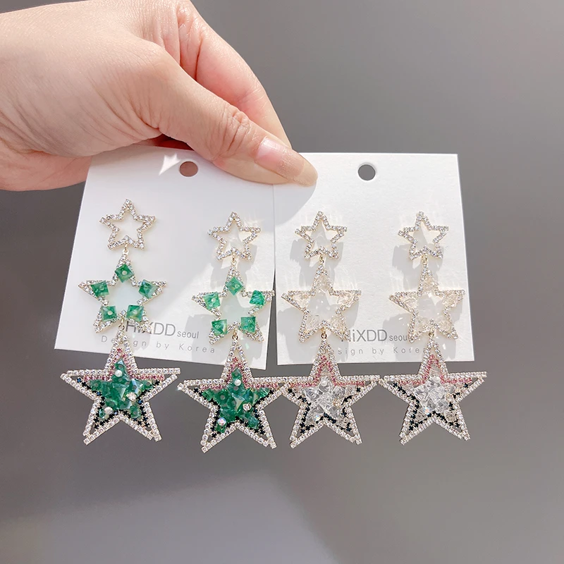 

Ins Exquisite Full Paved Green Crystal Rhinestone Multi Stars Earrings Bling Bling Cubic Zircon Chandelier Star Earrings For Gif