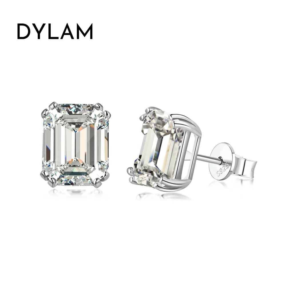 Dylam Top End Luxurious Pagoda Cut High Carbon Diamond 4ct 5A Zirconia Rectangle Stud Earrings 8*10mm 3.8g Fine Jewelry