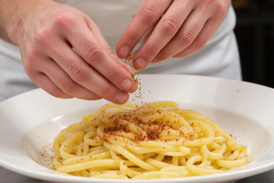 Chef's hands sprinkling chili flakes over a finished pasta dish showing proper usage technique