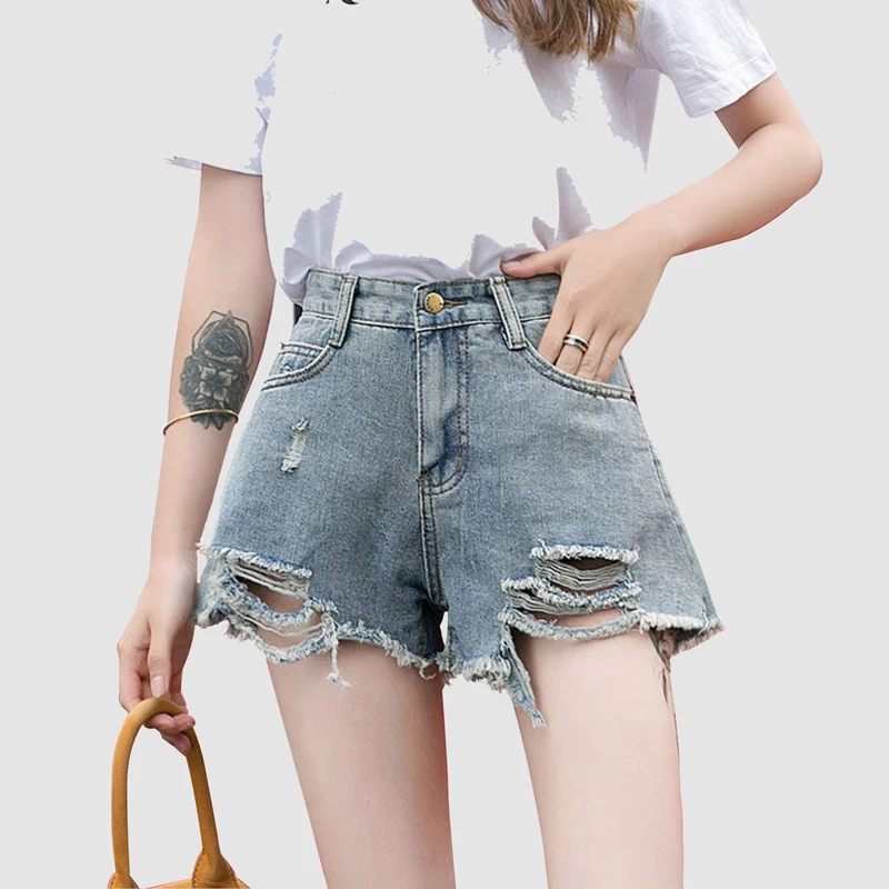 

Women's ripped denim shorts High waisted tattered Cropped jeans chic loose wide legs slimming hot pants