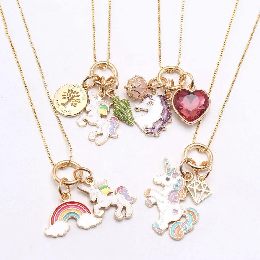 

Fashion Design Rainbow Child Charm Pendant Chain Necklace Dripping Unicorn Cartoon Alloy Box Chain Necklace For Party Gift, 4 colors