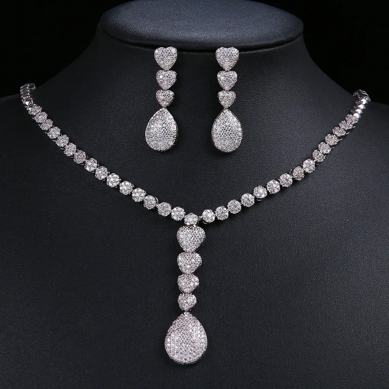 

Zircon jewellery necklaces a drop shaped full set simple necklace earrings jewelry set, Silver