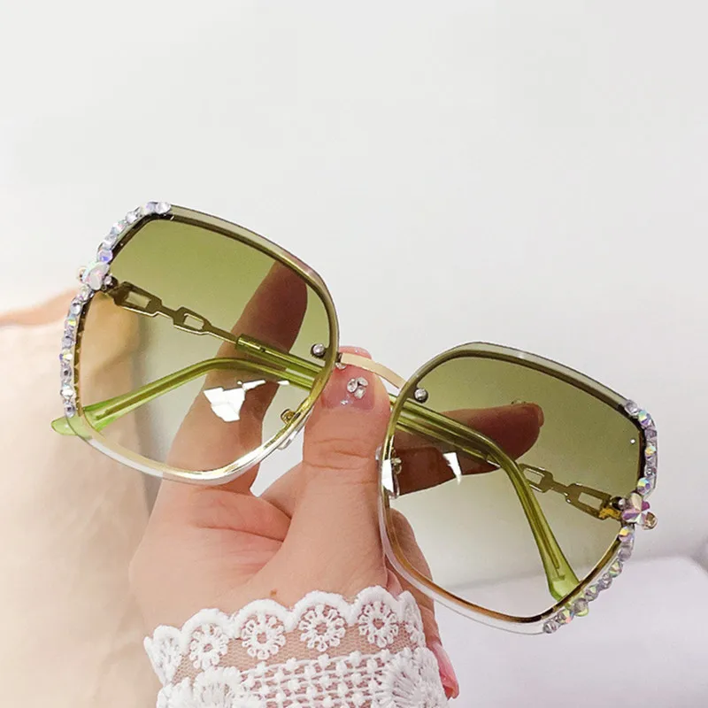 

Luxury metal rimless sunglasses glitter rhinestone shades gafas de sol new arrivals crystal diamond sunglasses for women