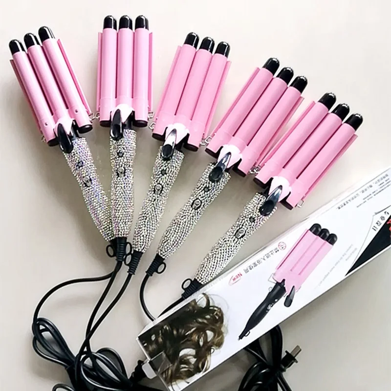 

2020 new electric bedazzle gold bling fast hot ceramic triple barrel hair curler, Custozmied (moq 300ps)