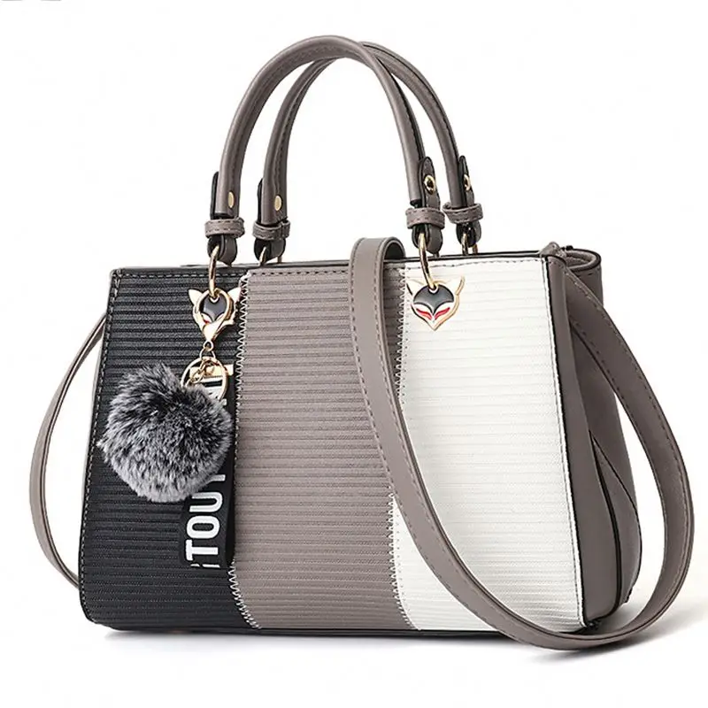 

Wholesale hairball ornaments totes patchwork party purse ladies shoulder bag messenger leather handbags for women, Red,camel, black, brown