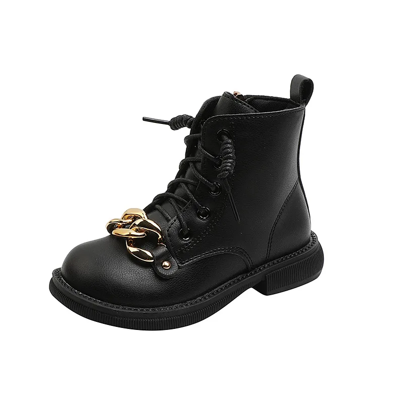 

The New British Style In The Big Children's Martin Boots In The Tube Single Boots Side Zipper Flat Boots, Black