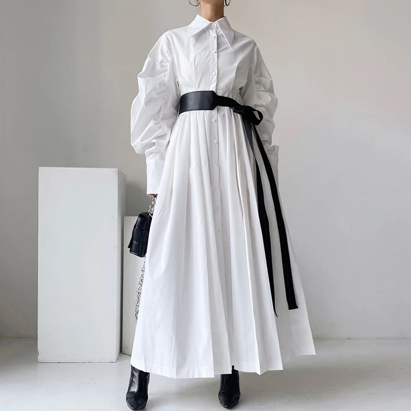 Wholesale 2026 Spring Niche Lapel Single Breasted Waist Slimming Lantern Sleeve Shirt With Belt for Women's Dress