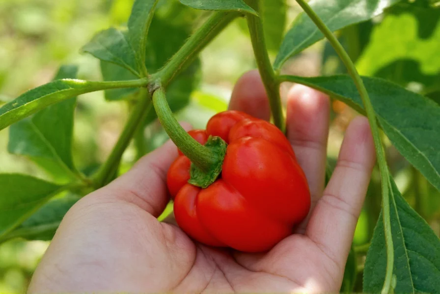 Close-up of hand harvesting ripe red Sweety Drop Peppers from a healthy plant