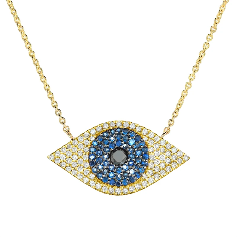 

Hailer Jewelry wholesale turkish design black moissanite blue sapphire 18kt pure gold evil eye pendant charm necklaces