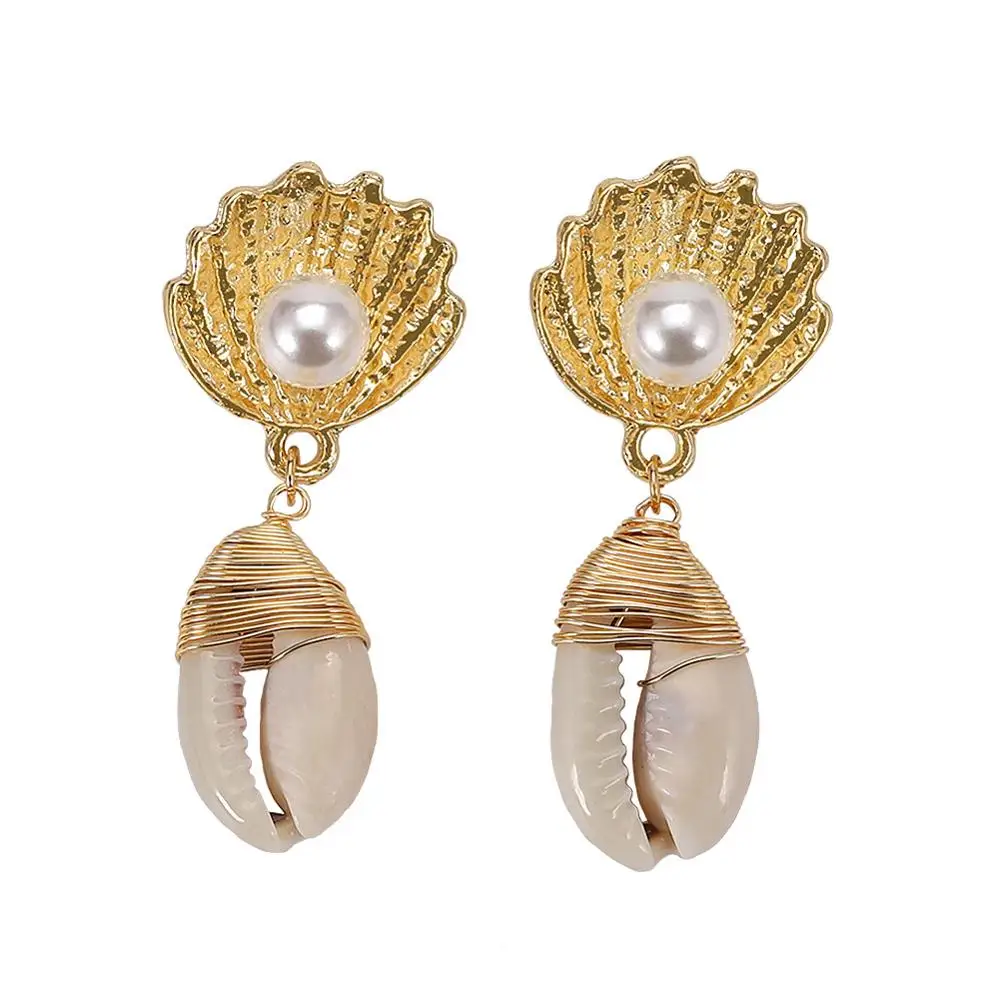 

Beach Style 18k Gold Shell Pearl Earrings Natural Sea Cowrie Shell Drop Earrings