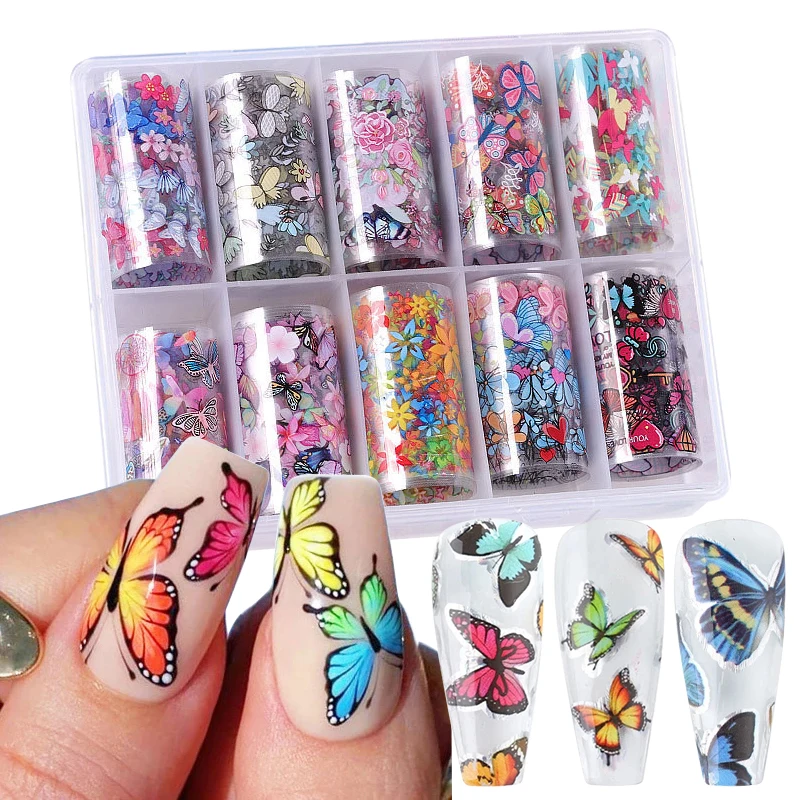 

10pcs Marble Butterfly Series Holographic Nail Art Transfer Sticker Paper Slider Nail Water Decal Design Manicures Decorations, Colorful