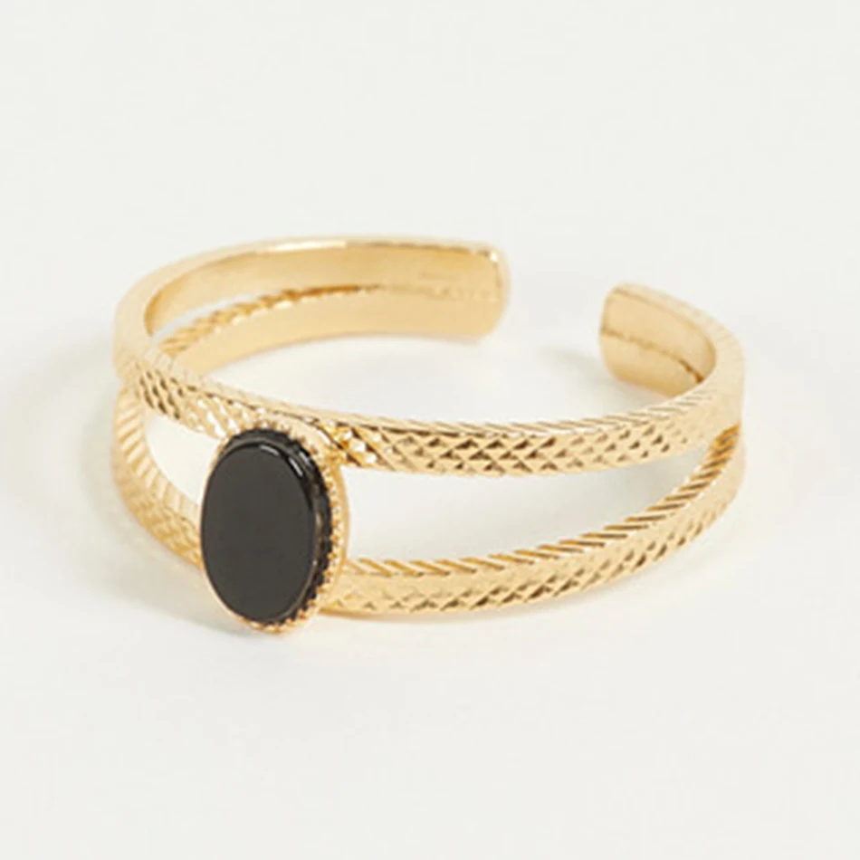 

wholesale fashion jewelry manufacturers 925 sterling silver women jewelry 18k gold plated open double ring with black stone
