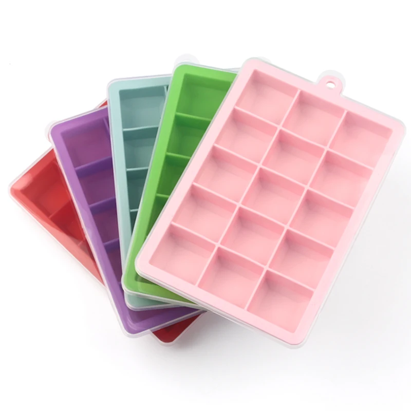 

15 Cavities BPA Free Food Grade Silica Gel Ice Mold Maker Food Grade Silicone Ice Cube Tray With Lids