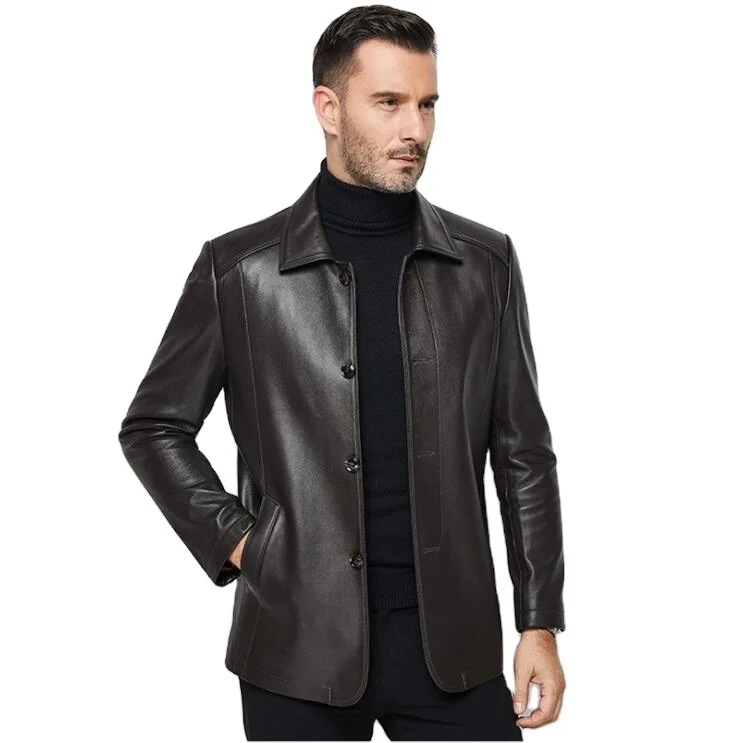 

Men Middle aged Button Leisure Clothing Sheepskin Genuine Leather Jacket Man Turn Down collar real Leather Dad Suit Black Coffee, As the pictures
