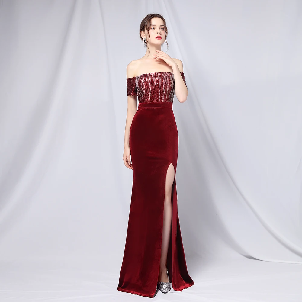 

18629#Velvet gradient bead shoulder banquet evening dress mermaid evening prom dress luxury evening dresses long prom