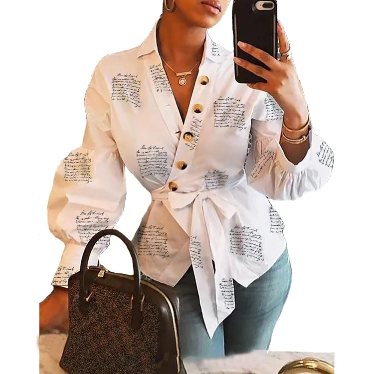 Women Fashion V Neck Long Sleeve Sexy Beach Blouse Shirts Casual Letters Printed Tops Slim Fit Shirts Plus Size T Shirt