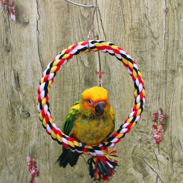 

New Design Colored Cotton Pet Durable Rest Stand Interactive Toy Round Ring Swing Pet Bird Toy, As picture
