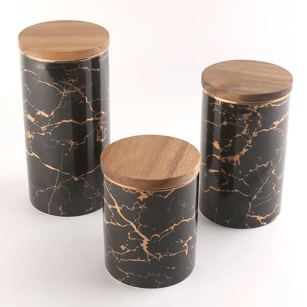 

30oz Ceramic Porcelain Home Food Coffee Tea Storage Canisters Jars With Wooden Lid Sets
