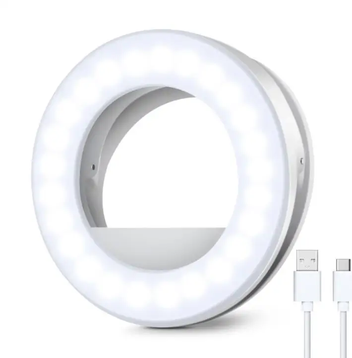 

LED Circle Selfie Ring Lights Cell Phone Laptop Camera Photography Video Lighting Clip On Rechargeable, White warm