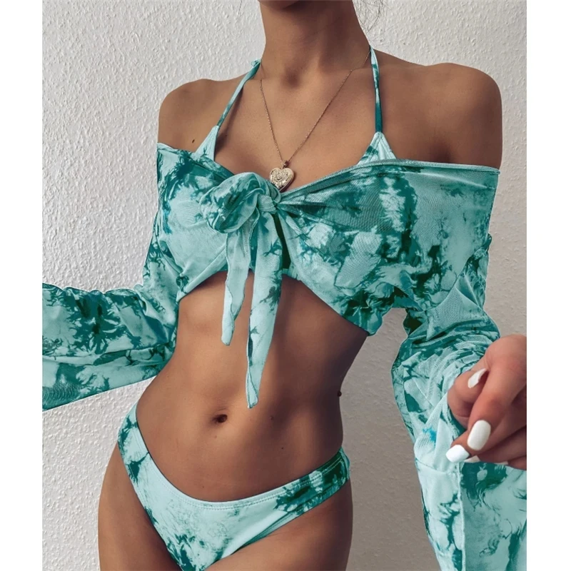 

Sexy Off Shoulder Bandeau Bikini set Tie Dye Green Long Sleeve Mesh Leopard 3 piece Swimsuit Women Bathing Suit Bathers Swimwear