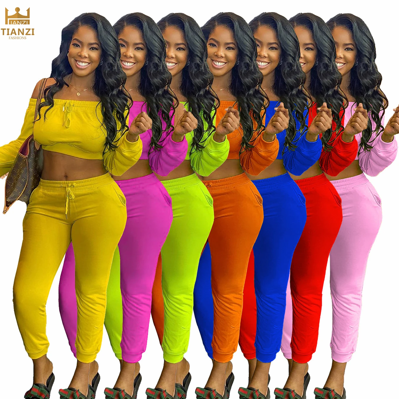 

2021 new A1419 pant and long sleeve crop top fall women two piece set