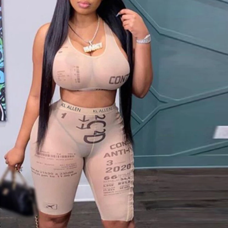 

Sexy Print Skinny Spring Summer Fashion Outfits Tracksuit For Women Shorts Track Suits Hlater Tank Top Short Sets, Apricot