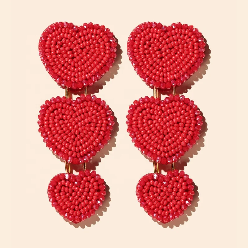 

Kaimei 2021 new creative three heart earrings hand-woven seed bead earrings triple heart shaped love beaded tassel earrings, Many colors fyi