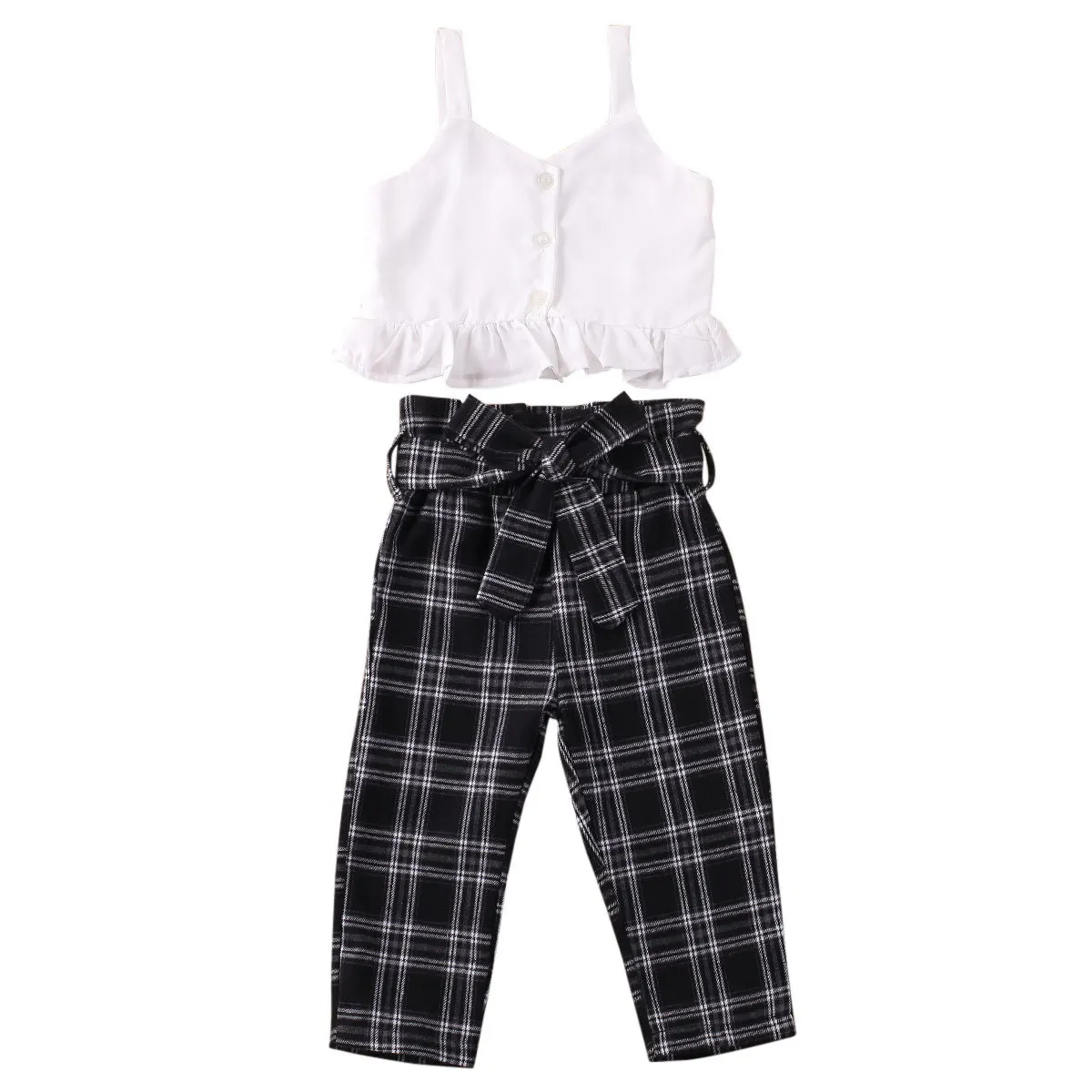 

Summer White Sleeveless Condole Top and Black Plaid Pants Girls' Clothing Set