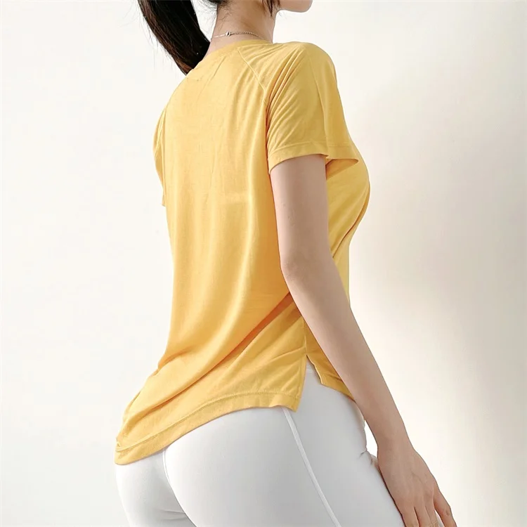 

custom Logo Women's blank sports gym running fitness yoga training o-neck tight stretch short sleeve blank T-shirt crop top, Picture shows