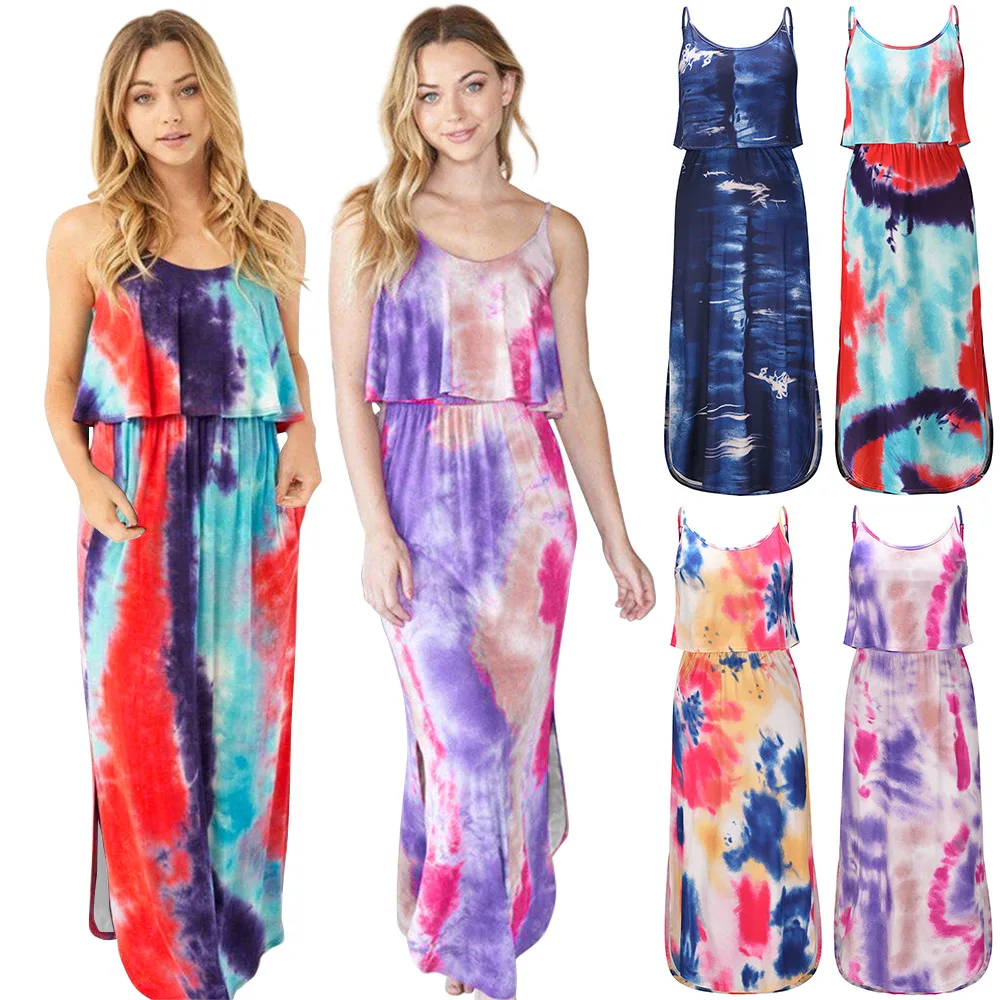 

Boho Long Dress Women Sexy Spaghetti Strap Ruffle Beach Summer Dresses Floral Print Vintage Red Maxi Dress